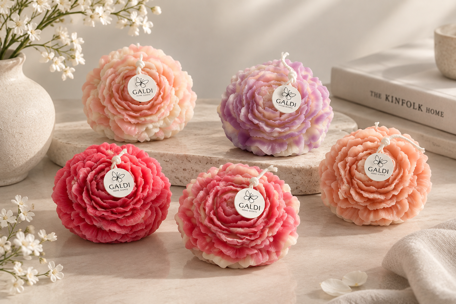 Colorful bloom-shaped candles arranged in a warm, natural setting
