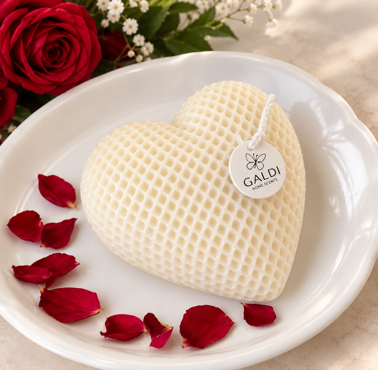 Heart-shaped Galdi candle surrounded by rose petals