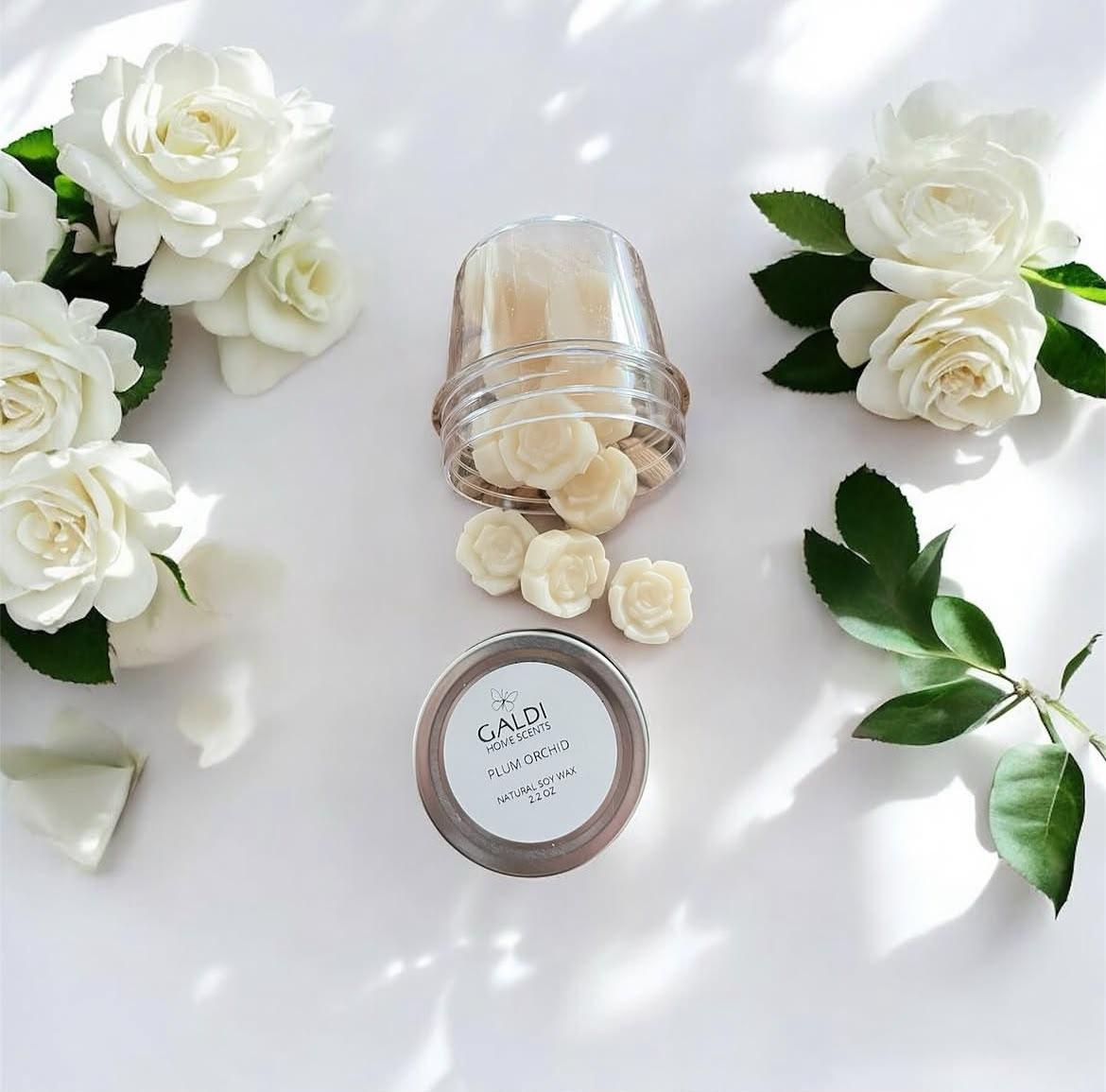 Plum Orchid wax melts in rose shapes with their Galdi container