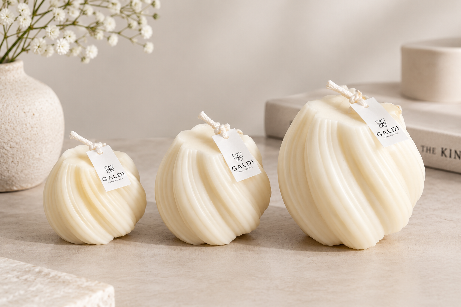 Freestanding pillar candles displayed together