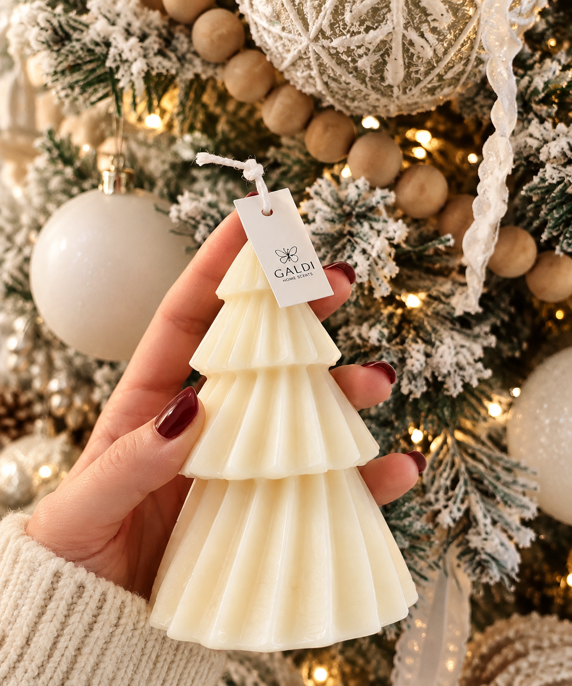Galdi Christmas tree candle held in front of a decorated tree